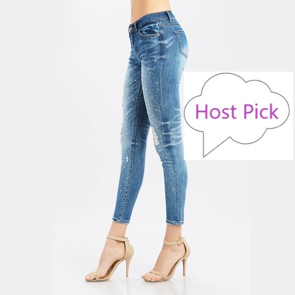 Distressed Low Rise Skinny Jeans Distressed Skinny Jeans with Sparkles - Picture 1 of 8